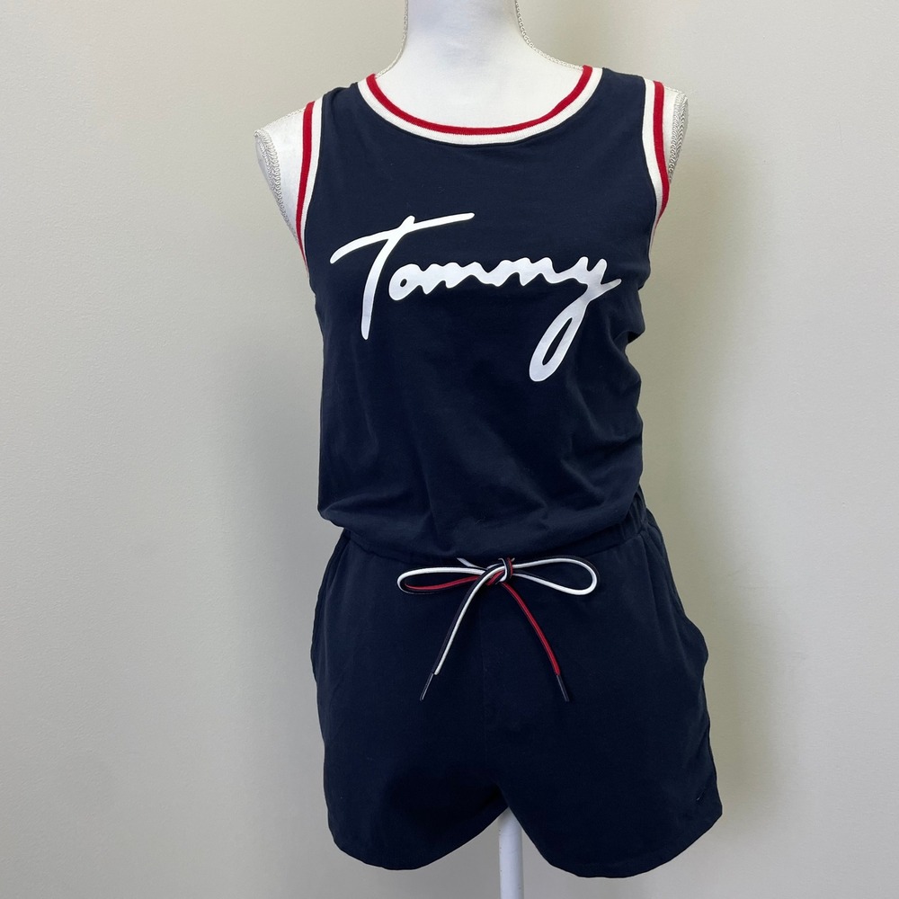 Tommy Hilfiger Denim Navy Blue Sleeveless Logo Romper XS TP Red White Trim